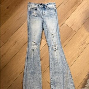 Flying Monkey Light Blue Distressed Mid Rise Flare Jeans